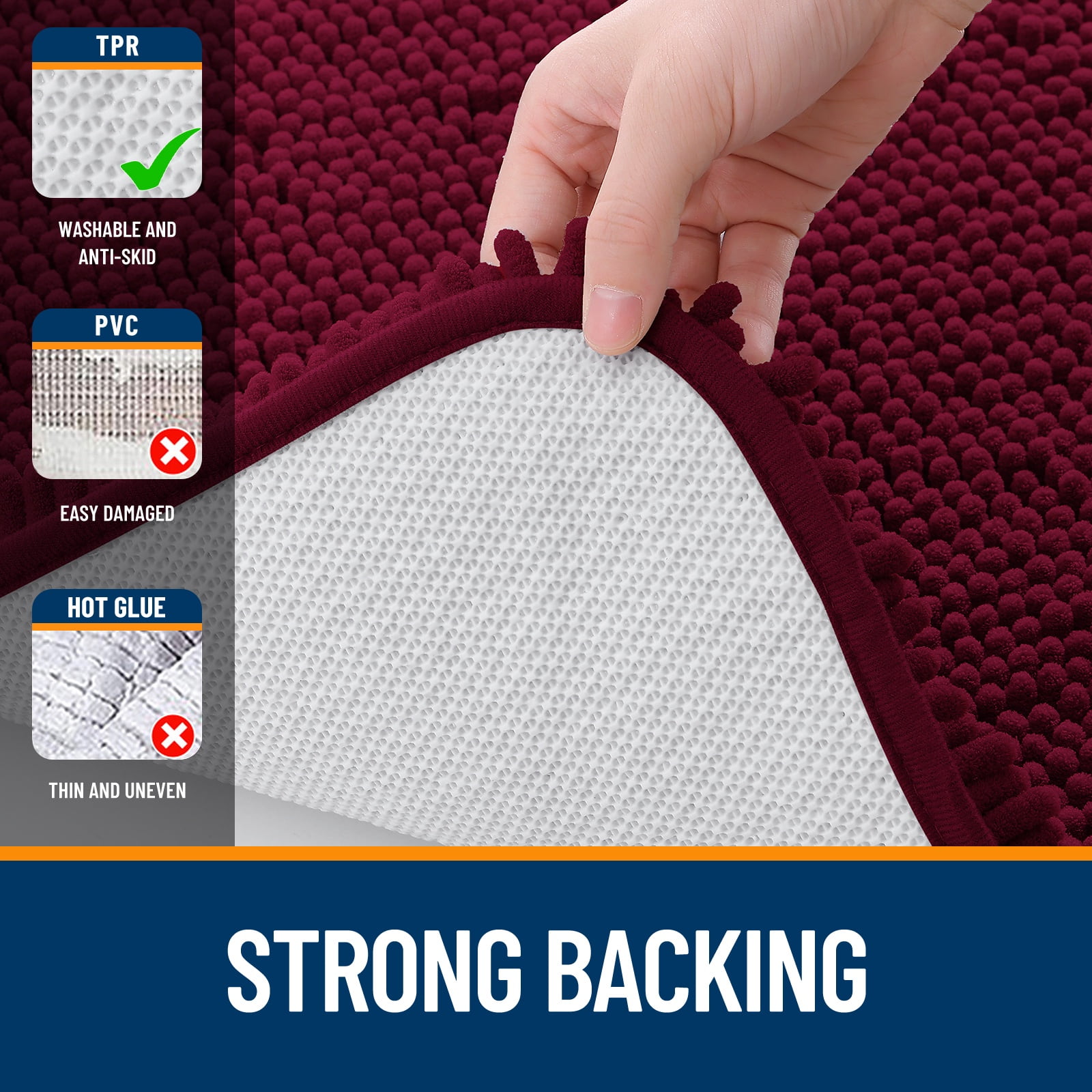 Buganda Bathroom Rugs 30x20, Quick Dry Machine Washable Chenille Bath Mats with Rubber Backing, Burgundy
