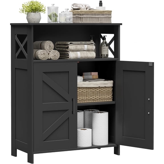 Farmhouse Small Floor Bathroom Storage Cabinet with 2 Doors, Black