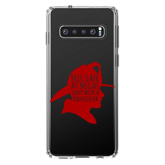 DistinctInk Clear Shockproof Hybrid Case for Samsung Galaxy S10 (6.1" Screen) - TPU Bumper Acrylic Back Tempered Glass Screen Protector - Feel Safe at Night Sleep with a Firefighter