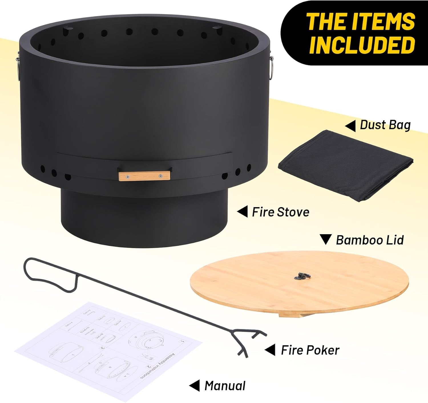 Garvee 26 in Smokeless Fire Pit with Removable Ash Pan, Wood Burning Firepit Table with Lid&Fire Poker,Smokeless Outdoor Fireplace with Dust Bag, Outdoor Fire Pits for BBQ, Table, Bonfire, Camping