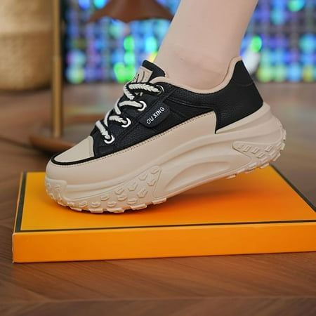 

TUOBKE Platform Chunky Sneakers Fashion Low Top Faux Leather Shoes Casual Lace Up Walking Skate Shoes