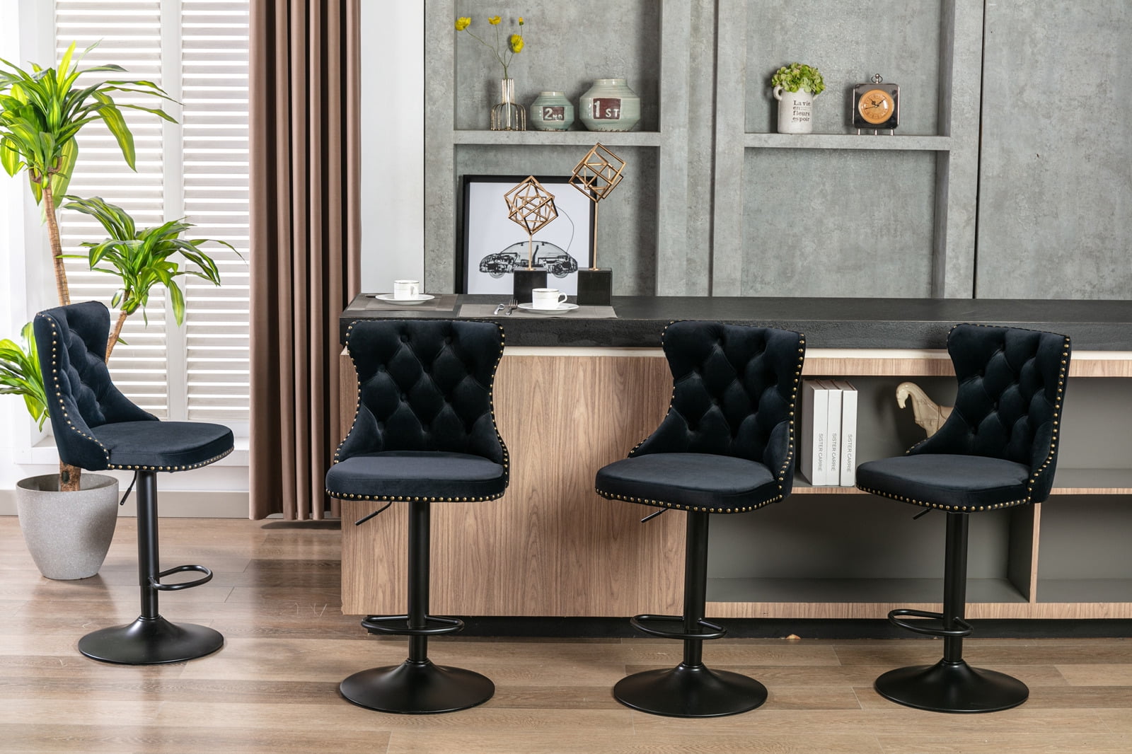 Counter Height Bar Stools from 25-33 Inch, Swivel Barstools with High Back, Button Tufted and Nailheads Trim, Velvet Upholstered Bar Chairs for Kitchen Dining Room (Black with Black Base,Set of 6)