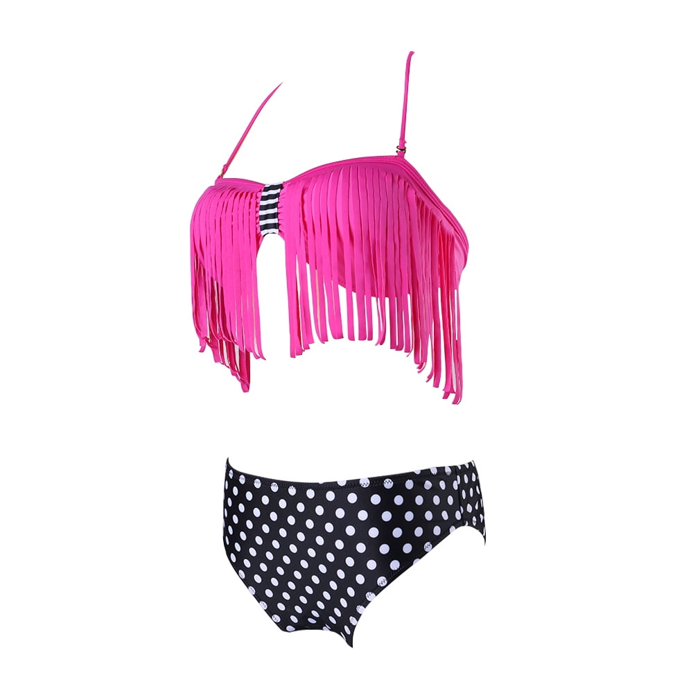 Women's Slim Low-Rise Fringe Bikini Two-Piece Swimsuit Polka Dot Bottom and Removable Straps Size S - L