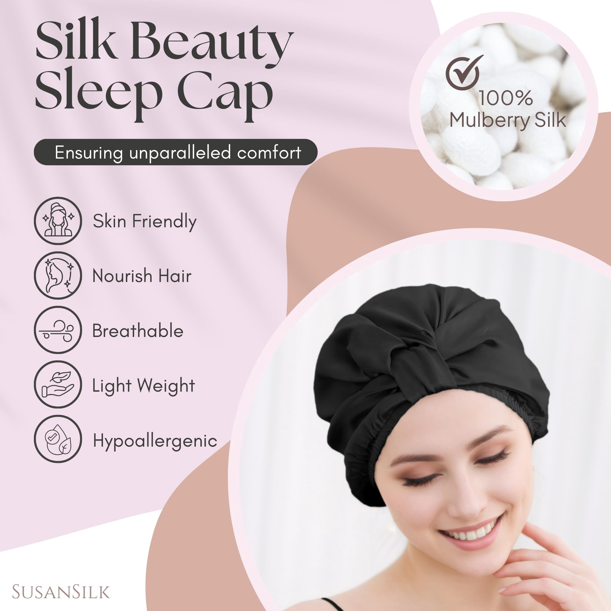 SusanSilk Premium 19 Momme Mulberry Silk Bonnet for Sleep and Shower