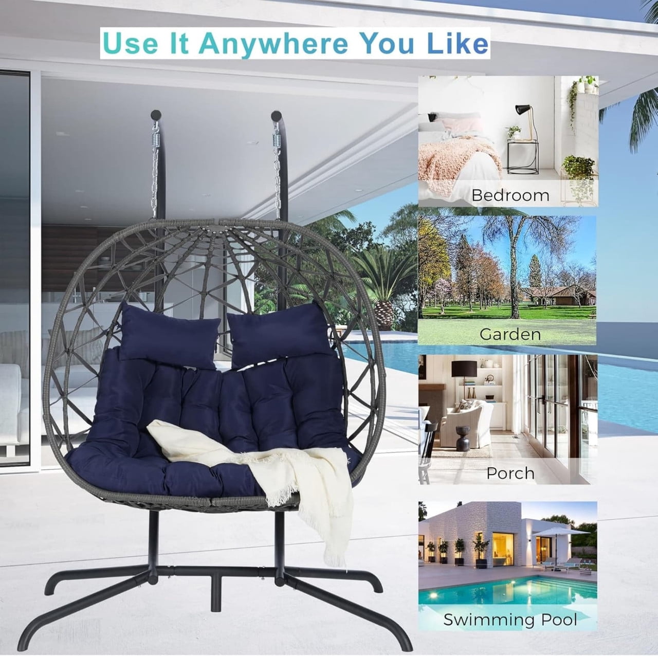 Double Swing Egg Chair with Stand,2 Person Indoor Outdoor Wicker Loveseat, Oversized Patio Hanging Basket Chair with Cushions, Cozy Sturdy Porch Swing for Backyard