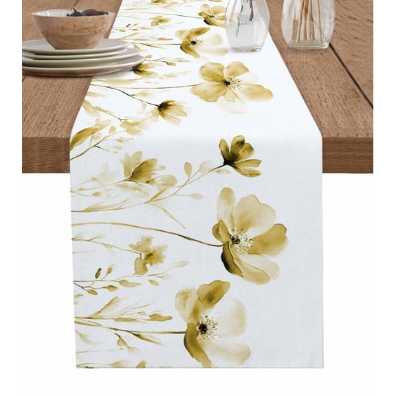 Ldtrchee Yellow Flowers Table Runner 72 Inches, Watercolor Vintage White Floral Leaves Bed Runner Dresser Scarves Tabletop for Indoor Outdoor Parties/Ceremony/Banquet, 16" x 72"