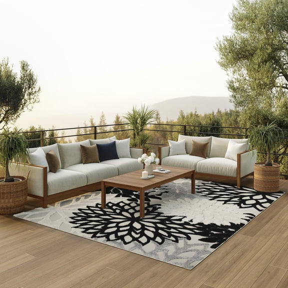 Nourison Aloha Indoor/Outdoor Black White 9' x 12' Area Rug, (9x12)
