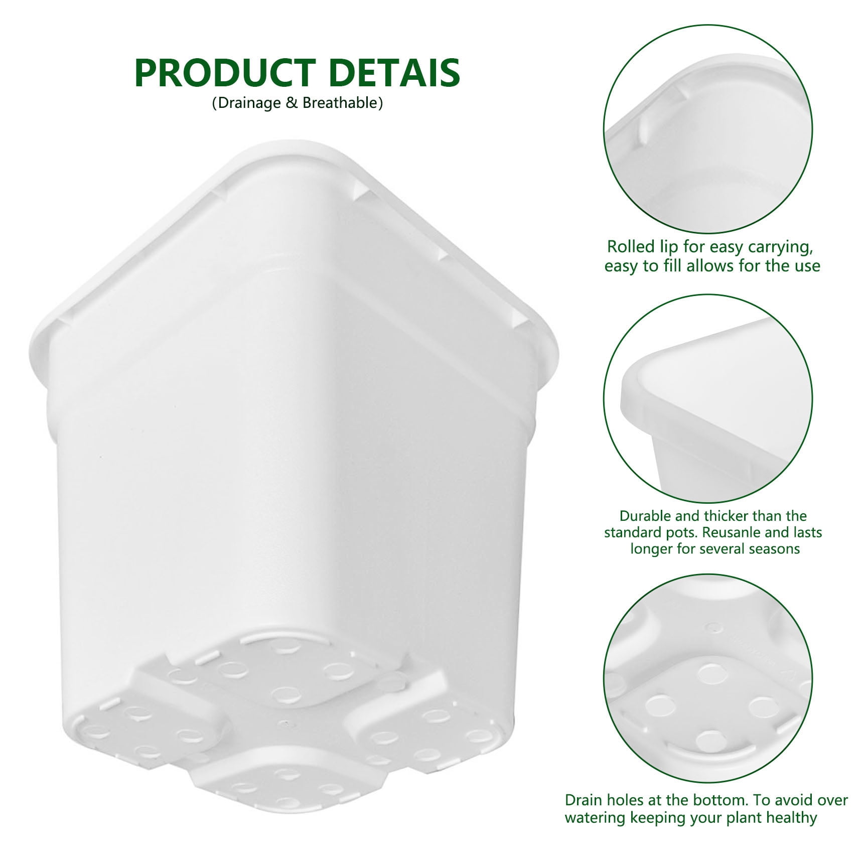 netuera 10-Pack 5 Gallon Square Planter Nursery Pots, Flower Plant Container Injection Molded Plastic Nursery Pots Gardening Pots for Indoor Outdoor Vegetables, Succulents, White