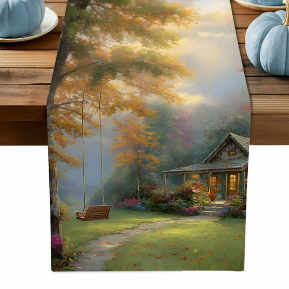 ERUNPONLY Fall Forest Table Runner - 90 Inch Long Country Pastoral Trees Cabin Nature Scenery Cotton and Linen Blended Dress Scarves Farmhouse Table Runner for Kitchen Dining, Coffee Table, 13" x 90"