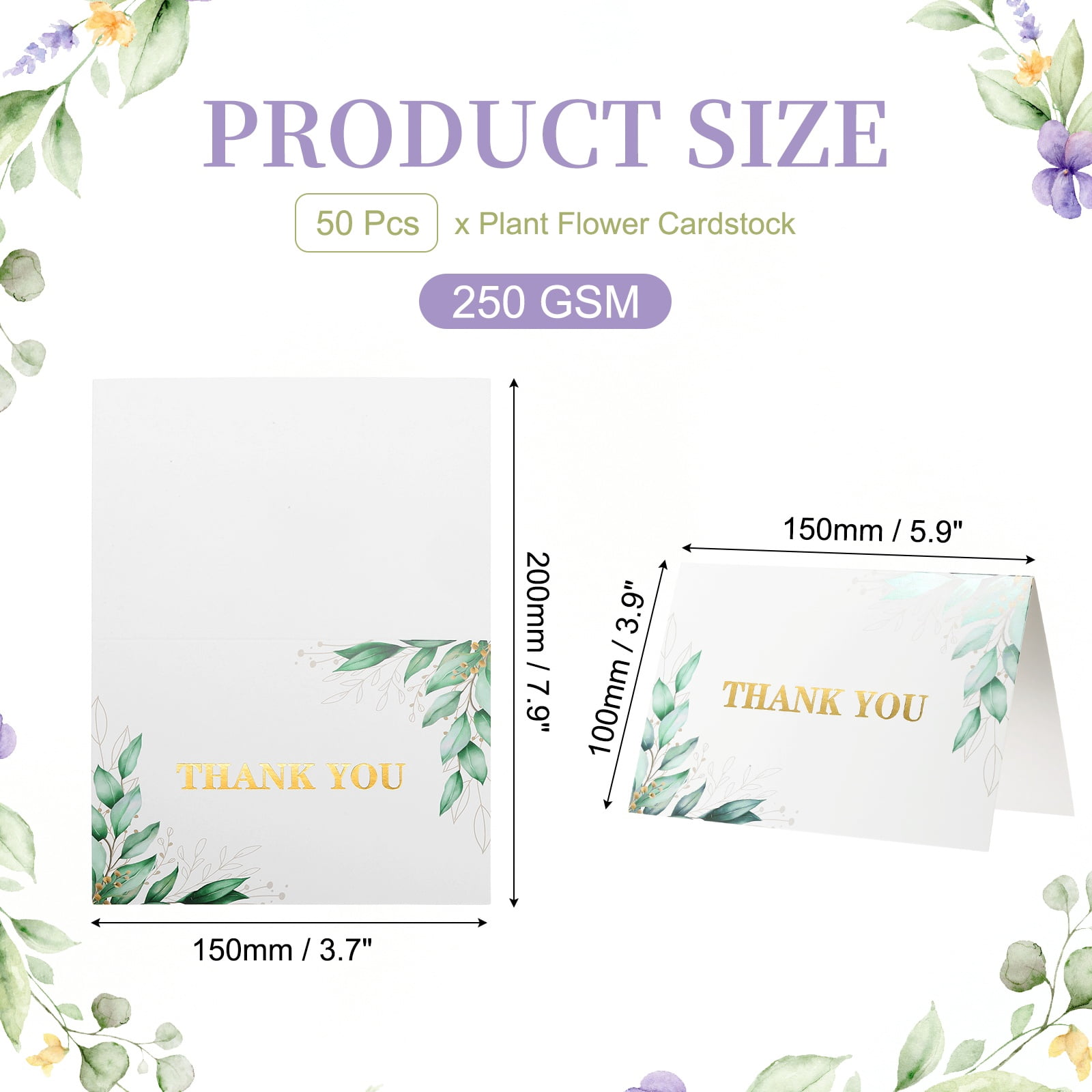 Uxcell 50Pcs Thank You Cards, 5.9"x7.9" Floral Folded Blank Cardstock, Thank You Notes for Greeting Cards Wedding Graduation Birthday DIY Craft Invitations, Twin Leaf Style