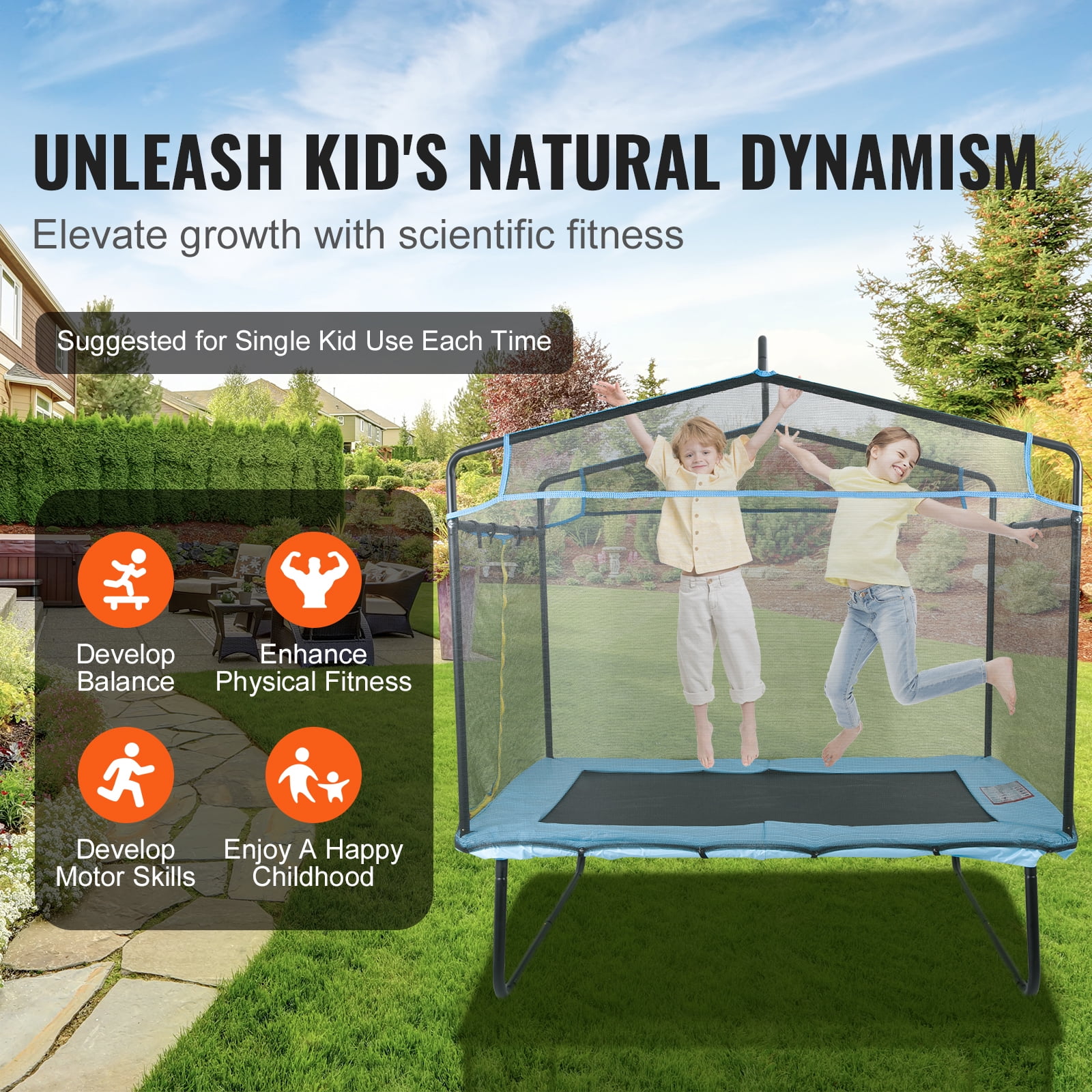 SKYSHALO Kids Trampoline with Enclosure Net and Gymnastics Bar, 6 ft
