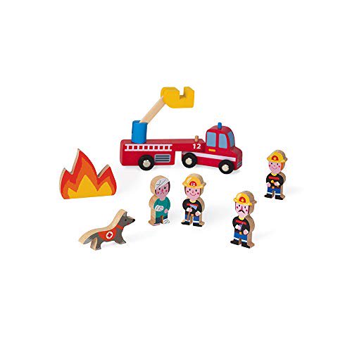 Janod Mini Story Box Toy - Juego de imaginación y rollos de 8 piezas - Juego de bomberos de madera pintada para personas con bomberos, persona, perro de rescate, fuego y escalera para juegos imaginati Janod J08515