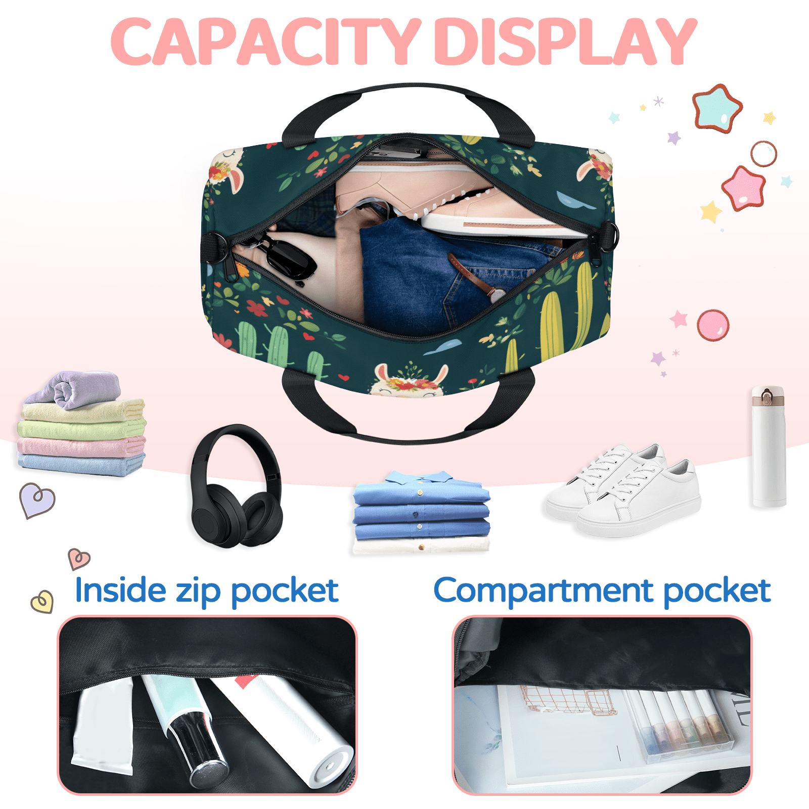 Herdesigns Alpaca Travel Duffle Bag Sports Yoga Weekender Overnight Carry on Workout Bags Lightweight Waterproof Gym Tote Bag for Women Cactus