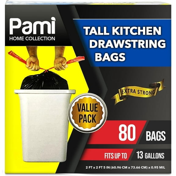 PAMI 13-Gallon Tall Drawstring Trash Bags, Thick Trash Can Liners Plastic Garbage Bags, Black, 80-Pack