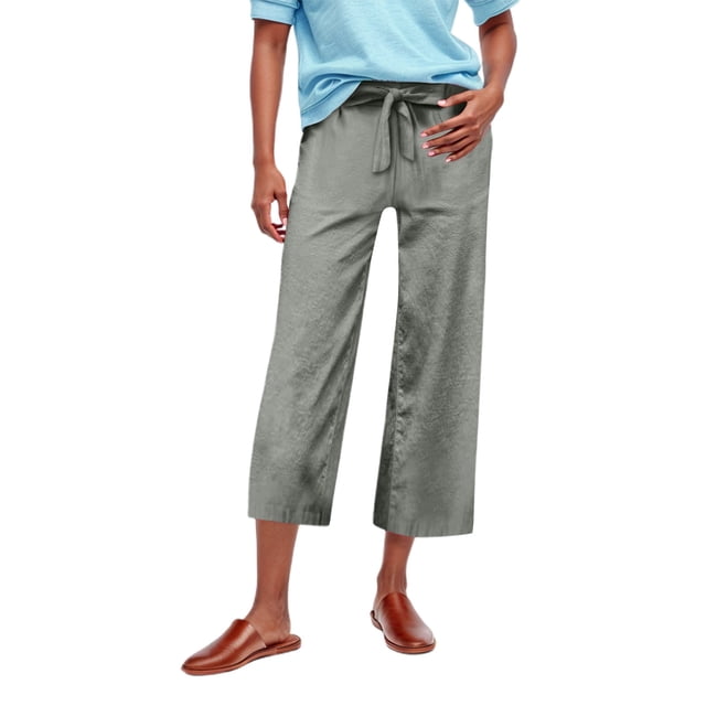 Women's Linen High Waisted Drawstring Culotte Pants Summer Elastic Waist Wide Leg Cropped Capri Pants With Pockets