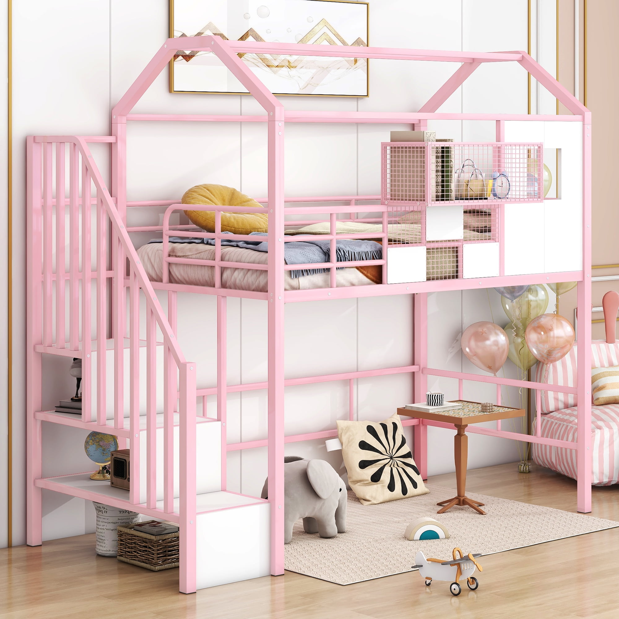 Euroco Twin Loft Bed with Cabinet, Solid Metal House Bed for Kids Teens, Pink