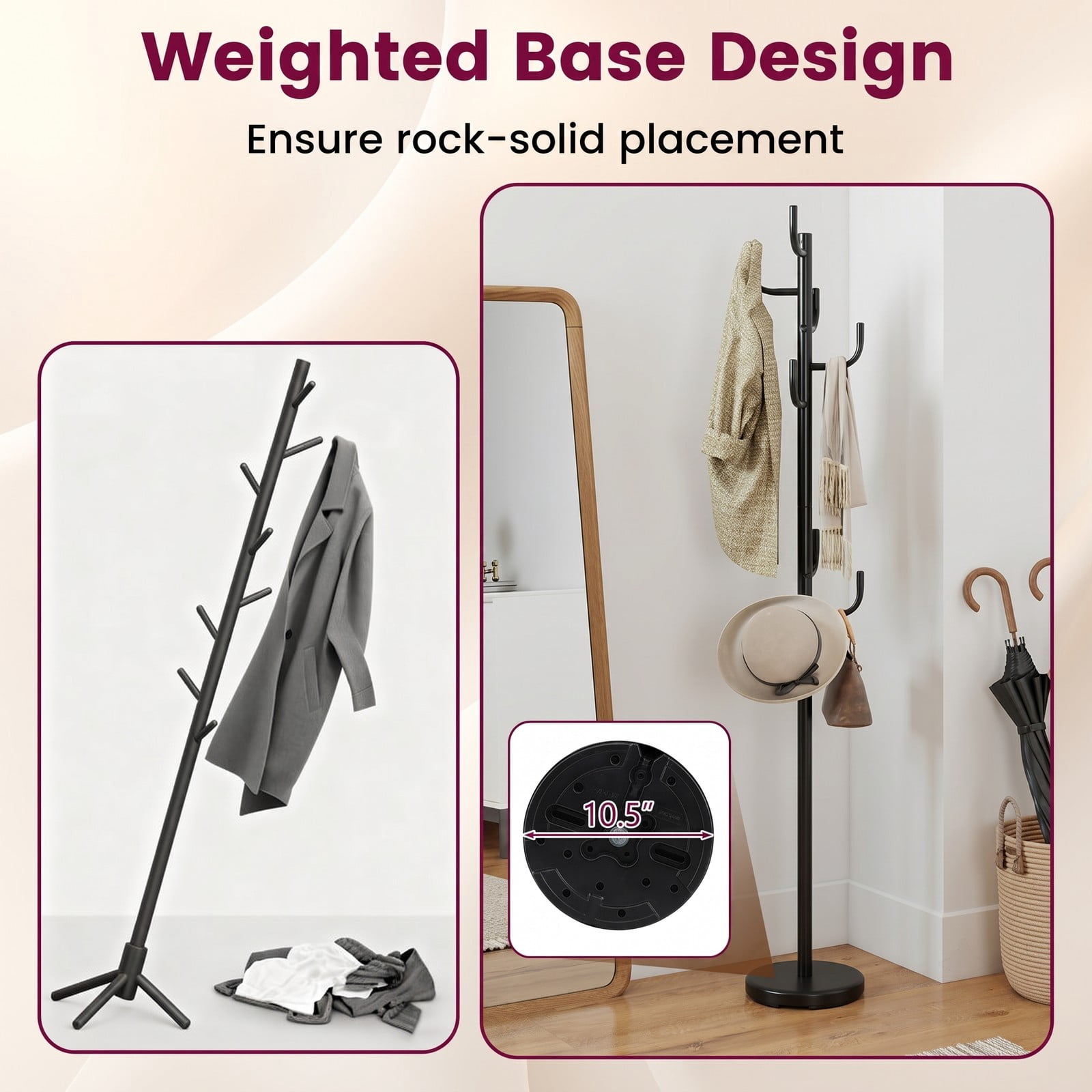 Furnibear Freestanding Coat and Hat Rack Stand with 8 Sturdy Hooks and Weighted Round Metal Base for Entryway and Bedroom, Black