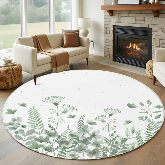 Large Round Rug 8Ft Washable Non-Slip, Sage Green Spring Floral Circle Area Rugs for Living Room Bedroom, Watercolor Elegant Pastoral Flowers Indoor Floor Mats Carpet Runner for Home Decor