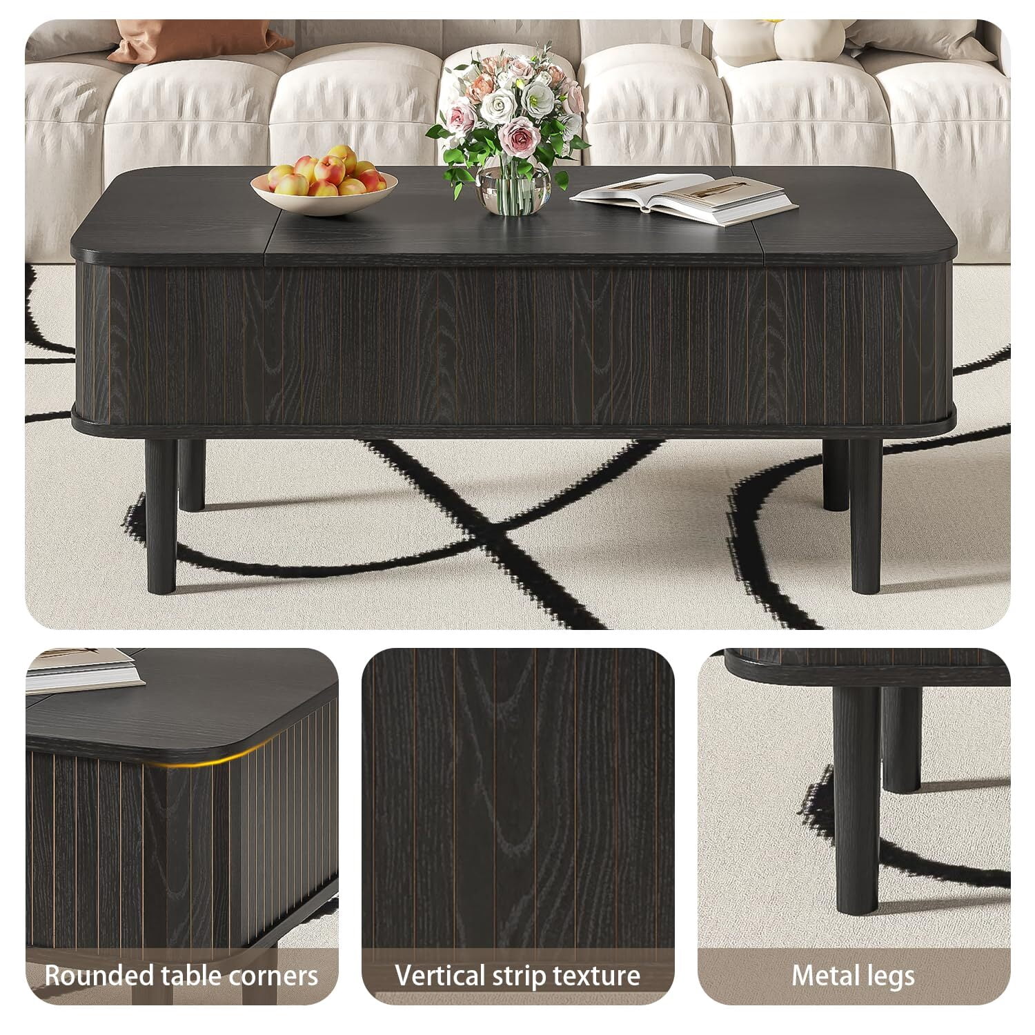 Fsbecl Mid-Century Modern Rectangle Wood Coffee Table with Storage, Black