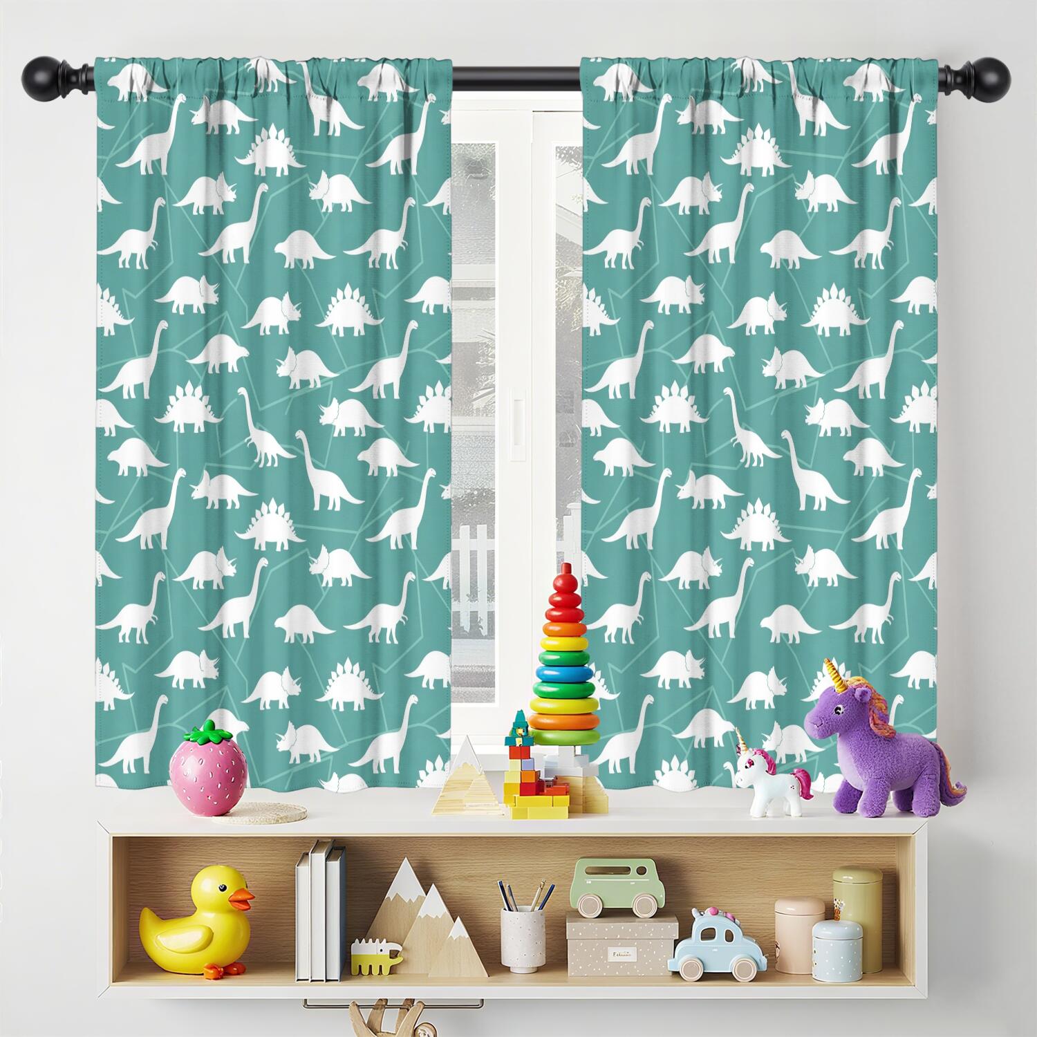 Blackout Kids Curtains,Teal White Dinosaurs Pattern Childrens Insulated Curtains Set Of 2,Bedroom Essentials,Toddler Room Decor 42"x54"