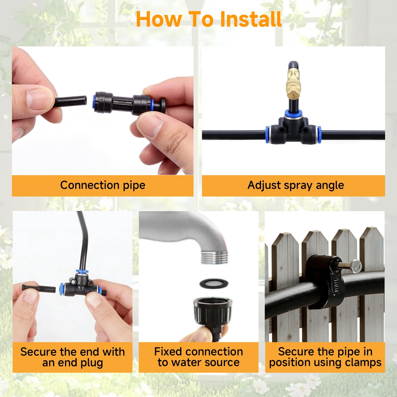 Gijjgole 100FT Garden Watering Kit with 16 Directional Sprinklers,Adjustable 360-Degree Rotating Misting Irrigation System,  16 Three-Way Connectors, Y Adapter and Hose Clamps – Ideal for Patio