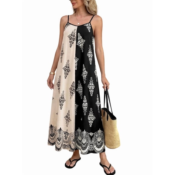 Women Dresses Spaghetti Strap Scoop Neck Smocked Ruffle Flowy Boho Maxi Dress Black & White S