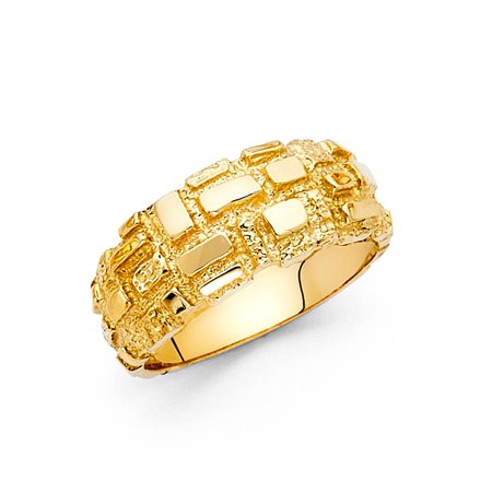 - Solid 14k Yellow Gold Square Nugget Ring Band Polished Textured Diamond Cut Genuine 10MM