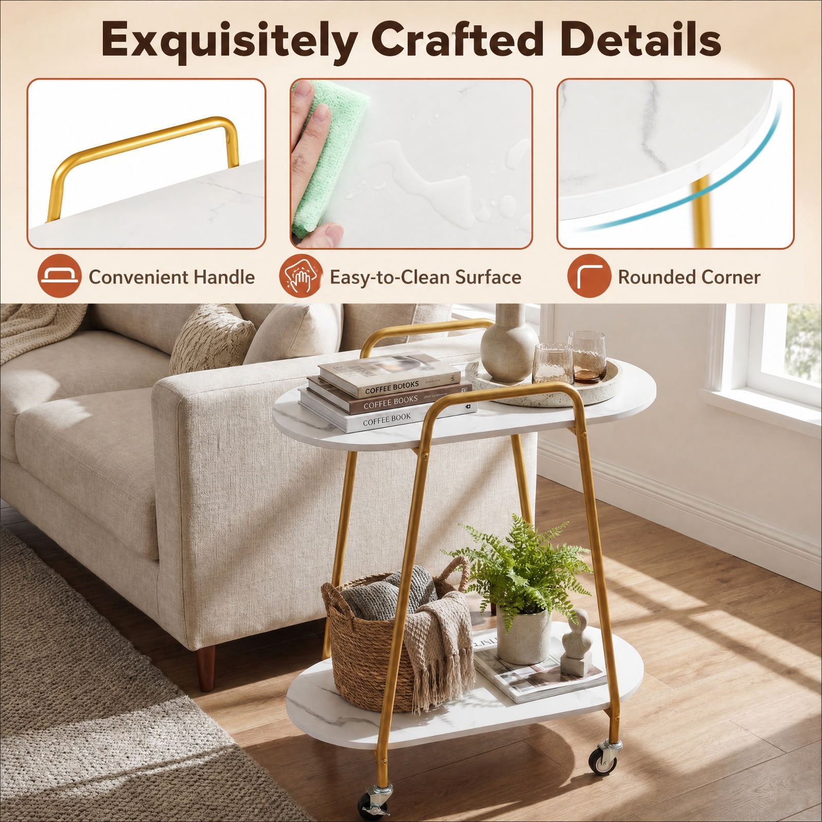 Furnibear 2 Tier Rolling End Table with Faux Marble Top and Lockable Wheels for Small Living Room Bedroom and Sofa Side, White