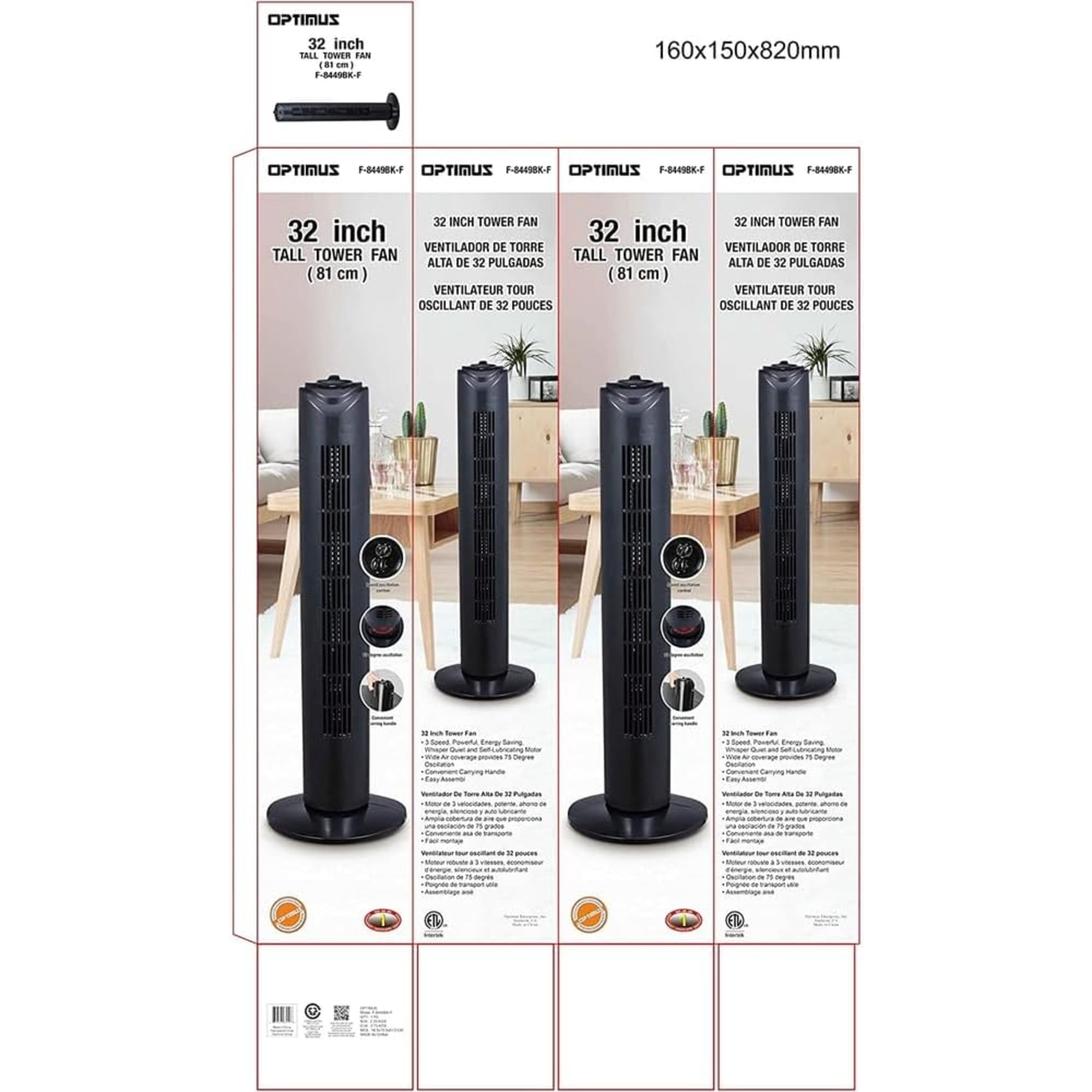 OPTIMUS F-8449BK 32 Inch 3-Speed Home Oscillating Tower Fan With Timer, Black