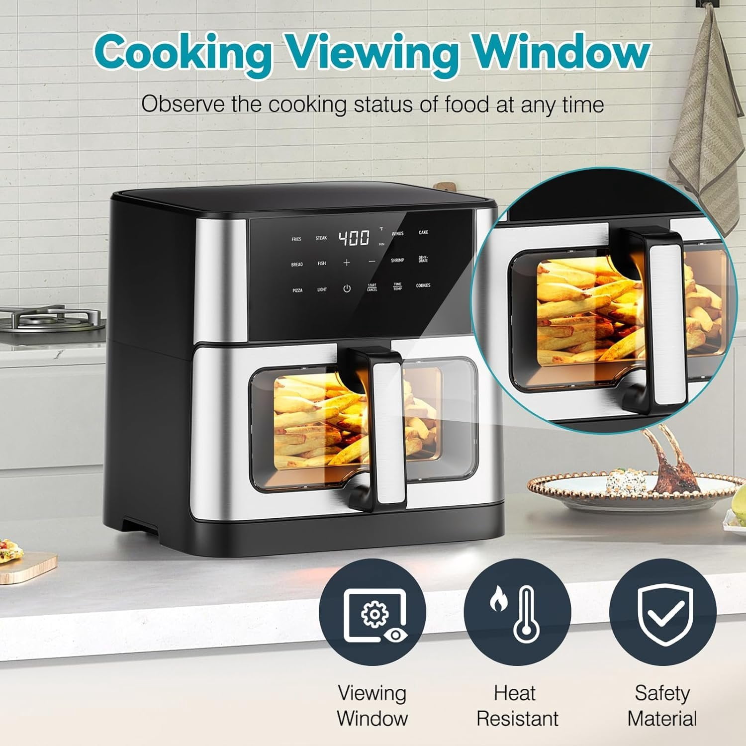 Air Fryer 10.2 QT Oilless 1700W Large Capacity Oven Air Fryers Cooker with 10 Preset, Large AirFryer for Families Visual Cooking Window, Non- Basket, Included Recipe