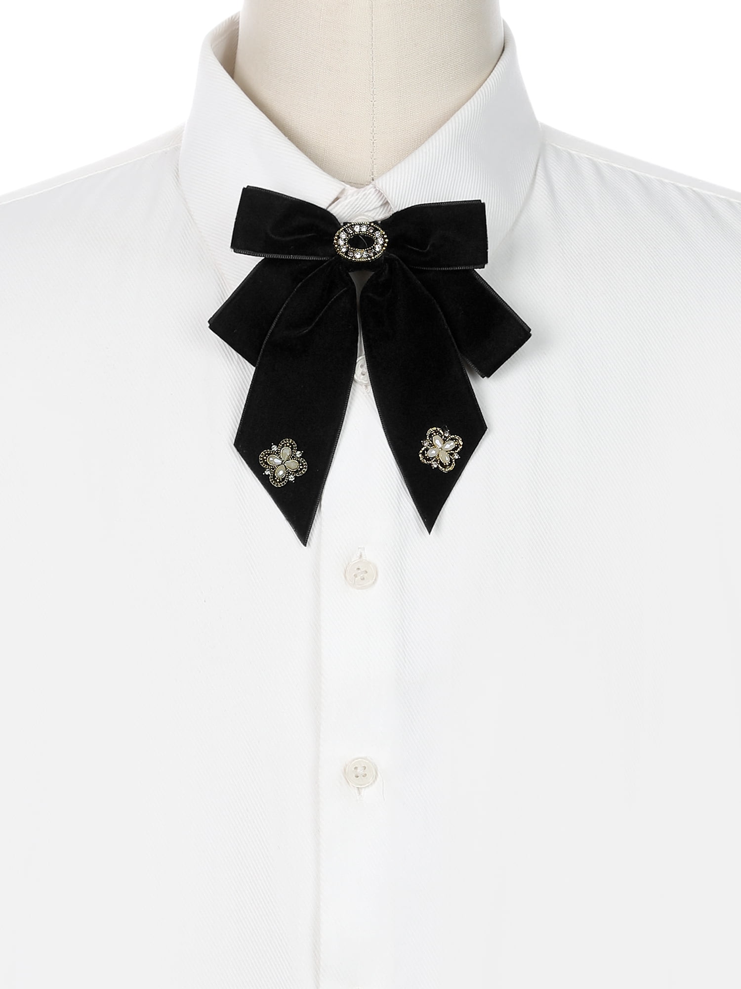 DARING DIVA Women's Velvet Alloy Rhinestone Pre-Tied Bow Tie Black