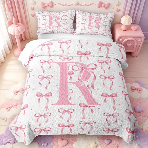 Manfei Pink Bowtie Quilt Full,Initial Alphabet R Full Bedspread Sets,3 Pieces,1 Coverlet and 2 Pillowcases