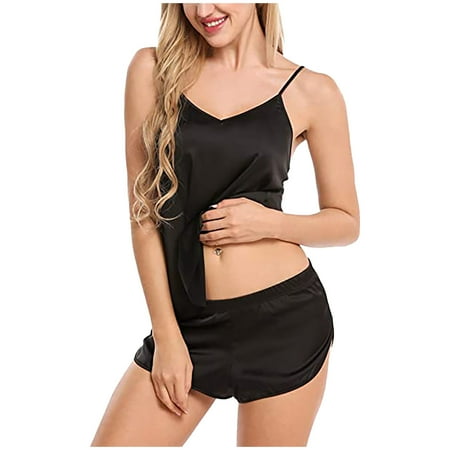 

Women s Pajamas Sets Sexy Pajamas for Women 2pcs Elegant Sleepwear Lingerie Pajamas Cami Shorts Nightwear Pajamas V-Neck Solid Color Sling Pajamas Two Piece Suit Black Xxl Halloween Pjs Wo10146