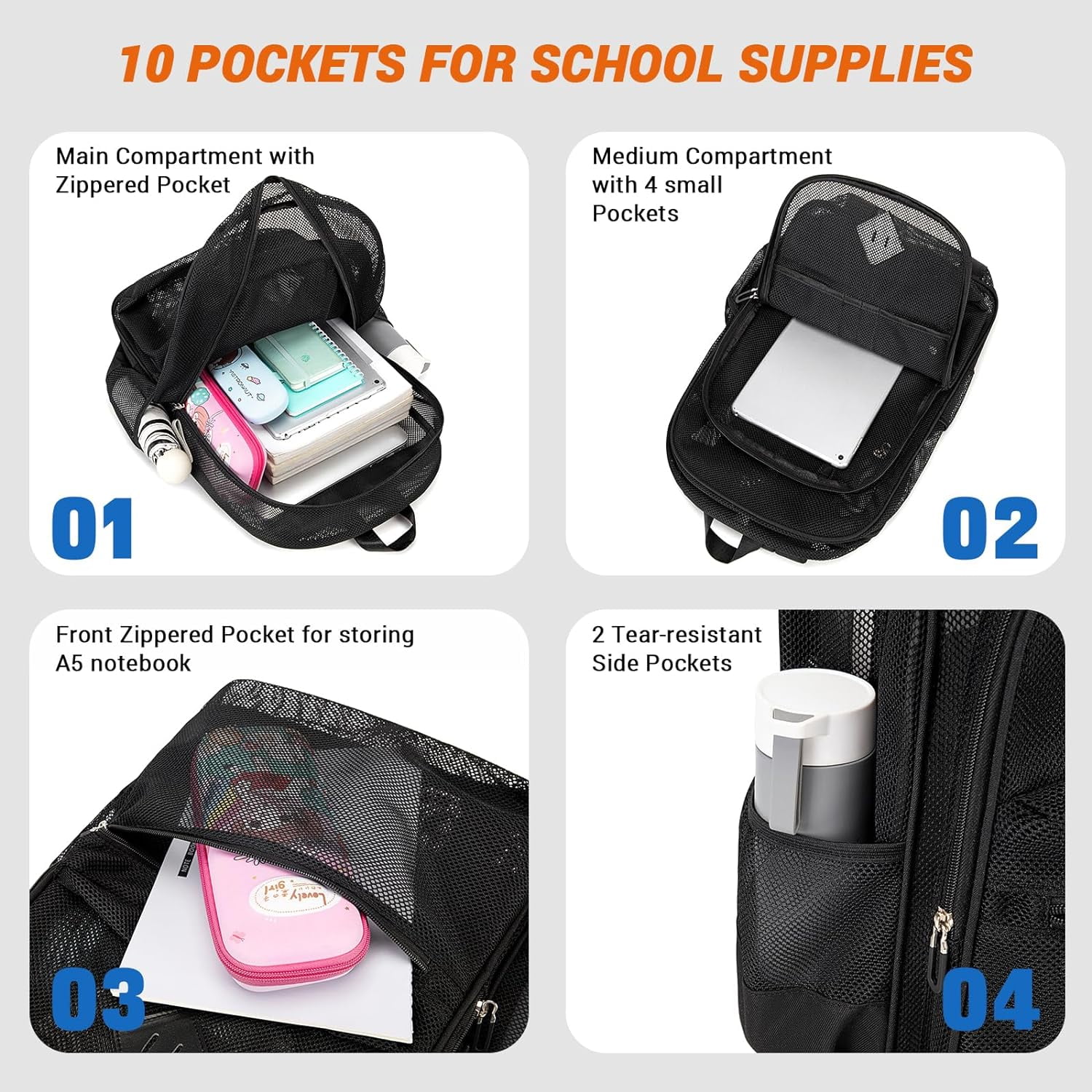 DAKIMOE Mesh Backpack School Backpack Bookbag Heavy Duty See Through Transparent Backpack Stadium Approved Large Capacity with Multiple Compartments Pockets for School Beach Swimming Sports Work
