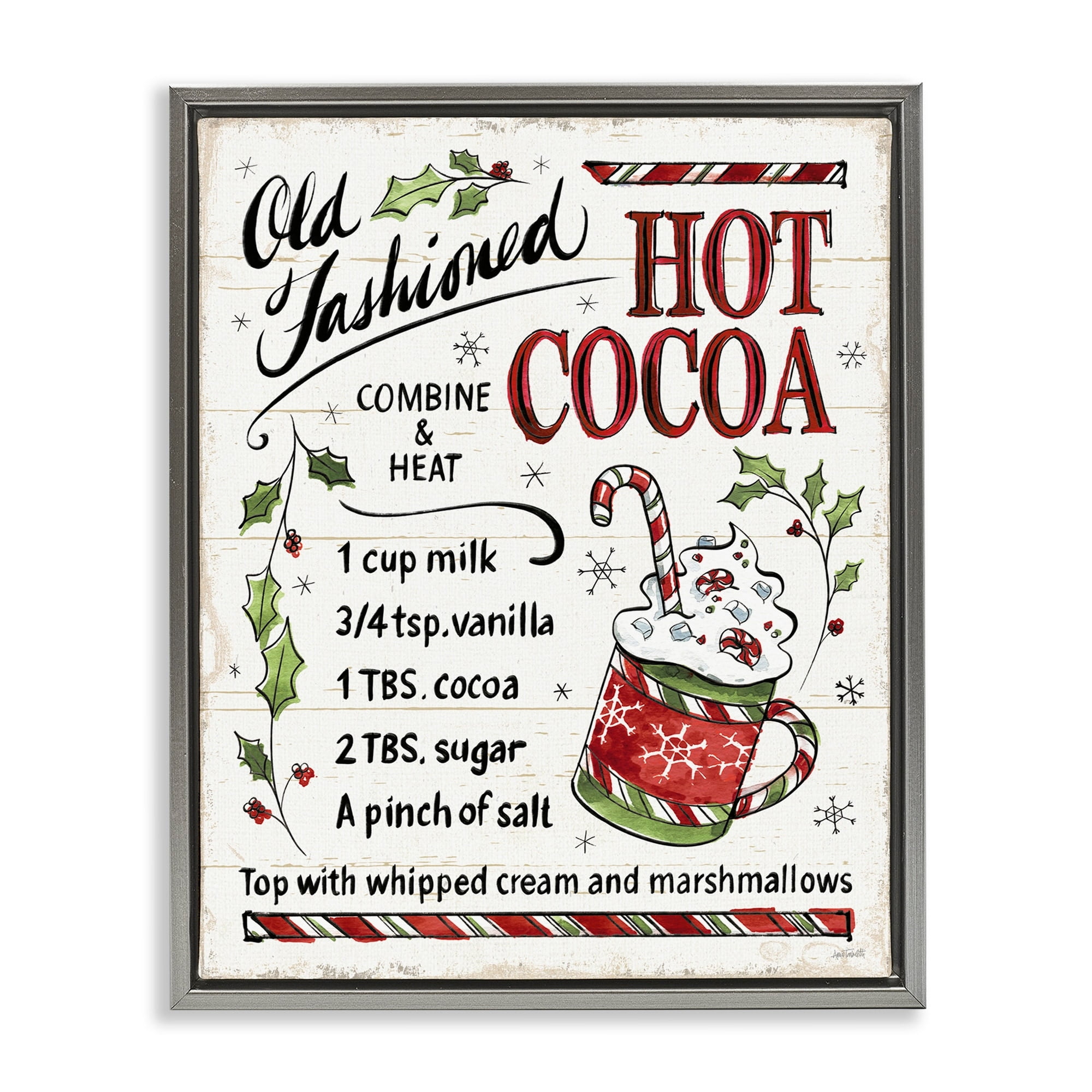Stupell Industries Old Fashioned Hot Cocoa Holiday Cooking Instructions Luster Gray Framed Floating Canvas Wall Art, 24x30, by Anne Tavoletti