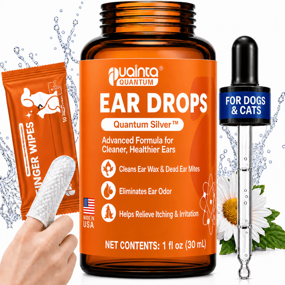 PUAINTA Dog Ear Drops with Finger Cots, Quantum Silver Ear Cleaner for Dogs & Cats, Relieves Itching & Wax Build-Up, 1 oz