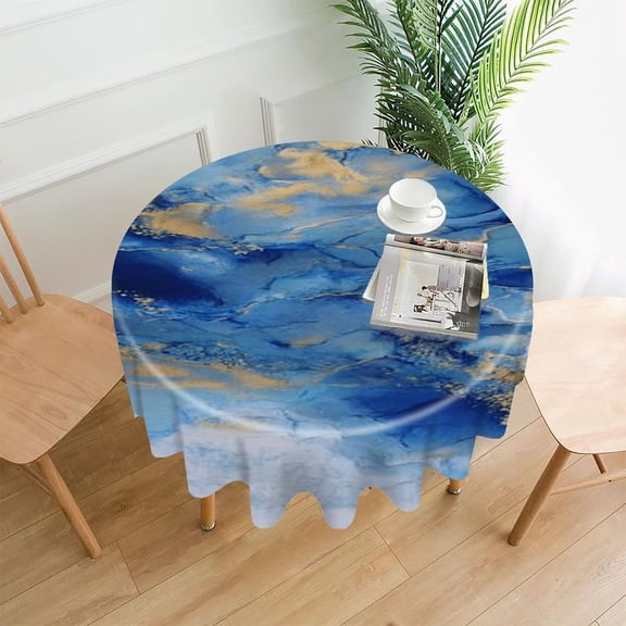 RKSupls 60 Inch Round Tablecloth, Blue Gold Fluid Abstract Premium Polyester Straight Edge Wrinkle Resistant Washable Table Cover for Party Home Dining Decor