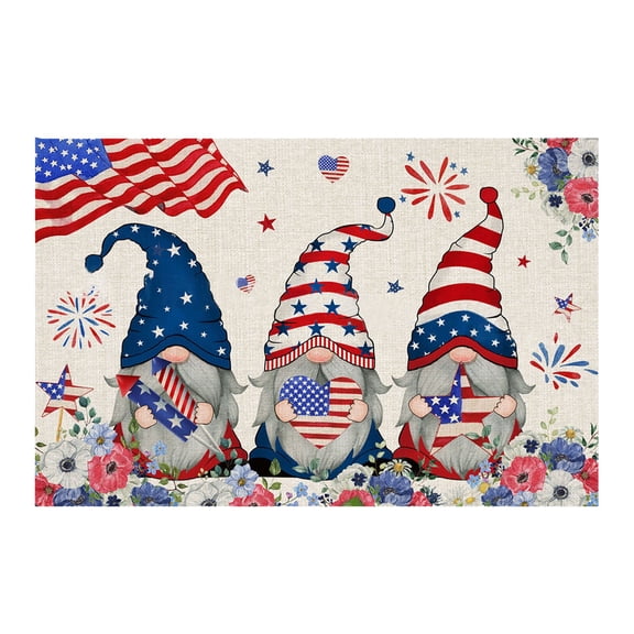 CHELIASD Independence Day Doormat Rustic American Patriotic Gnomes and Flag Colorful Floral Indoor Doormat 4 of July Patriotic Floor Mat Low Profile Rug for Home Office