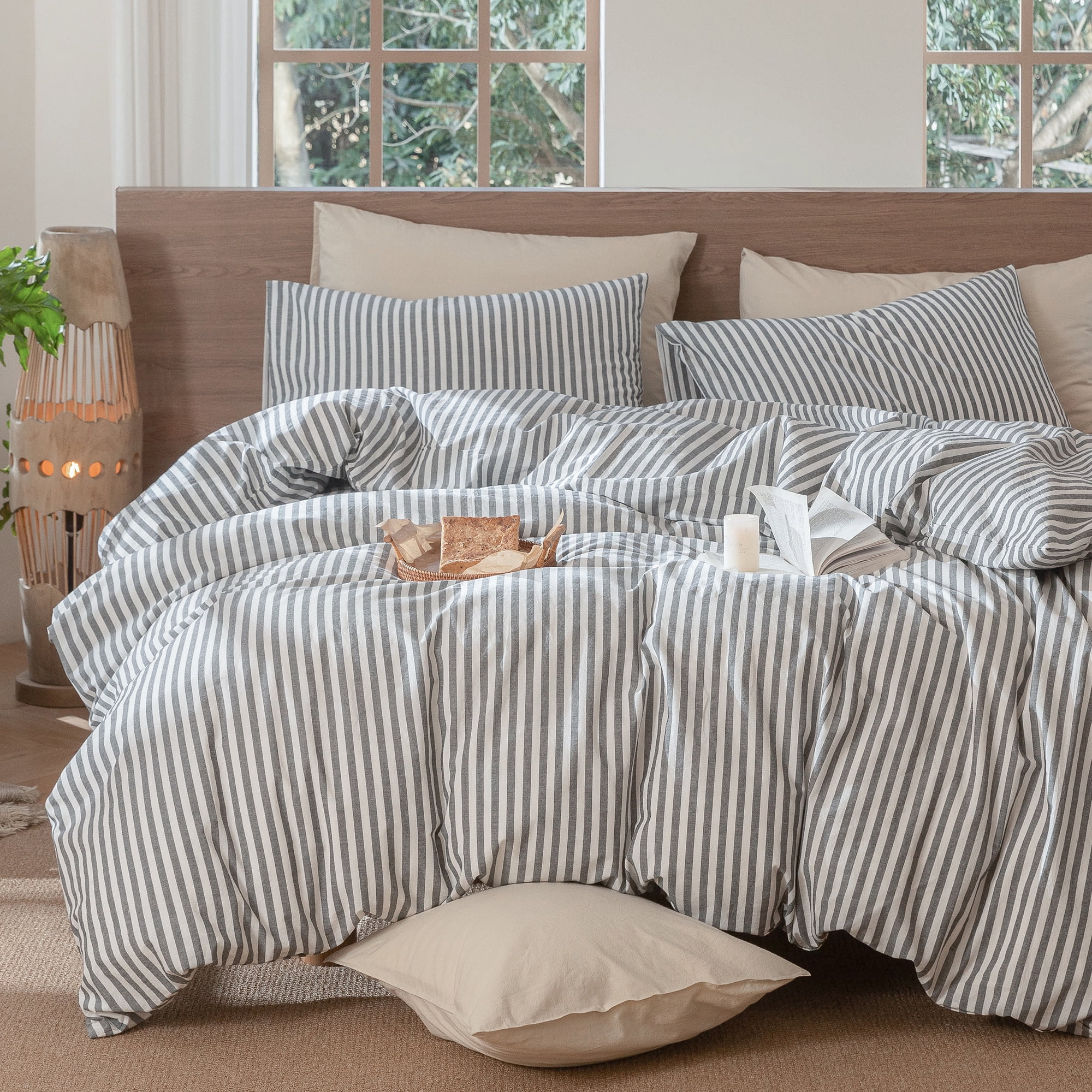MooMee Striped Duvet Cover Set Cal-King 100% Washed Cotton Linen Like Textured Breathable 3-Piece (Dark Grey& White Classic Stripes)