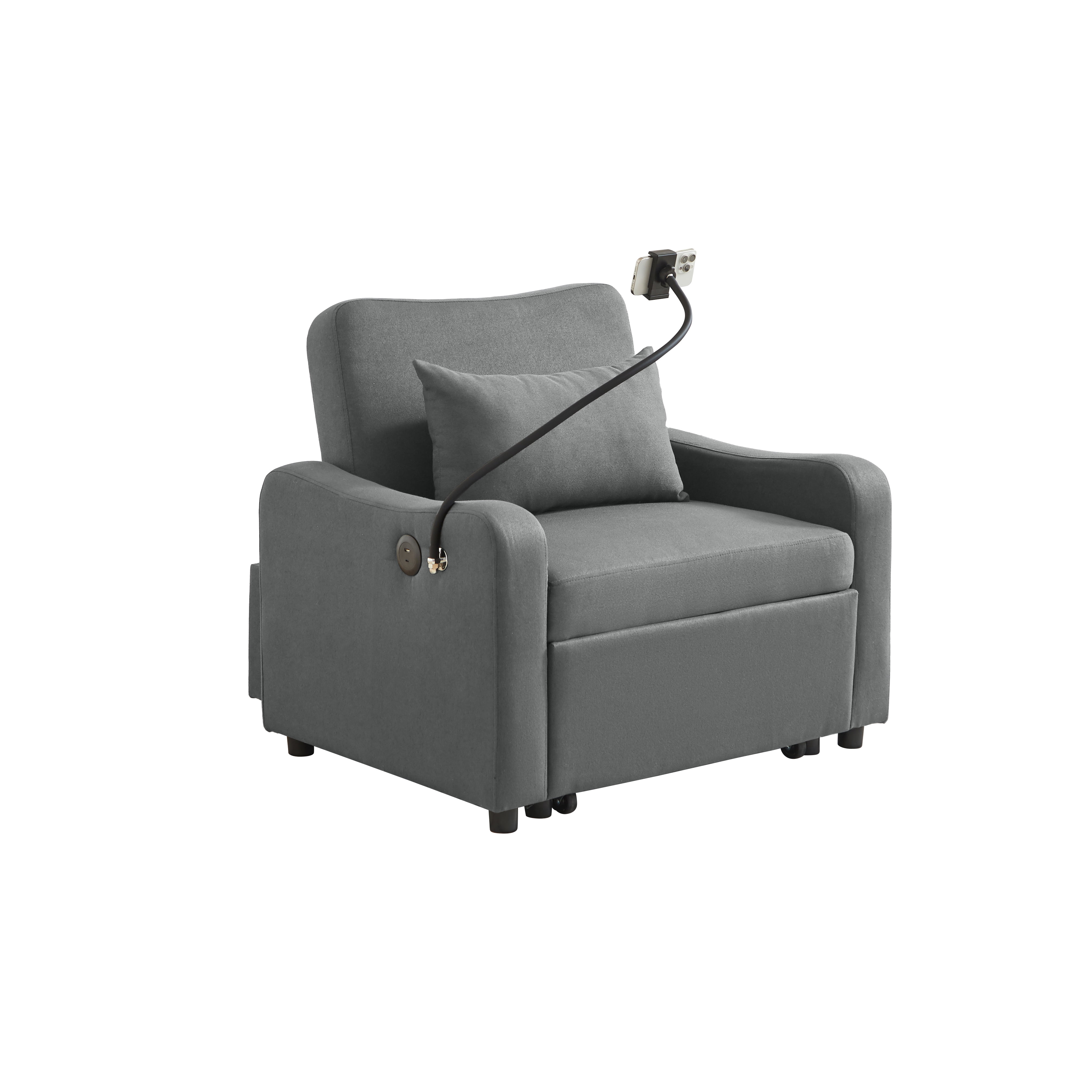 Leumius Convertible Sleeper Sofa Chair Bed,3 in 1 Linen Single Sofa with USB Port and Phone Holder,Pull Out Couch Recliner with Adjustable Backrest for Living Room, Office, Small Place,Dark Gray