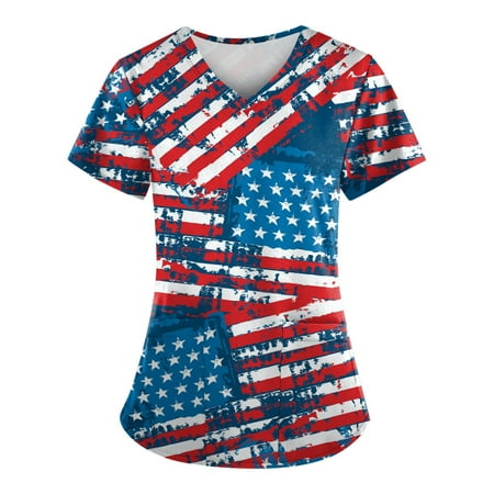 

Sksloeg Scrub Top for Women Summer American Flag Star Print Blouse Short Sleeve Nurse Working Uniform V Neck Graphic Scrub Shirts Wine XXXL