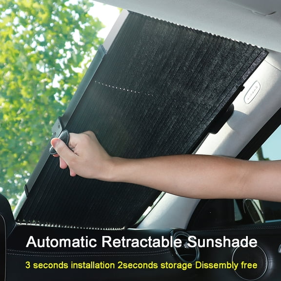 Retractable Car Windshield Sun Shade  Universal Foldable Front Window Sun Visor  99% UV Blocking Heat Insulation Shield to Keep Vehicle Cool  Easy to Install & Use（65cm/25.6”）