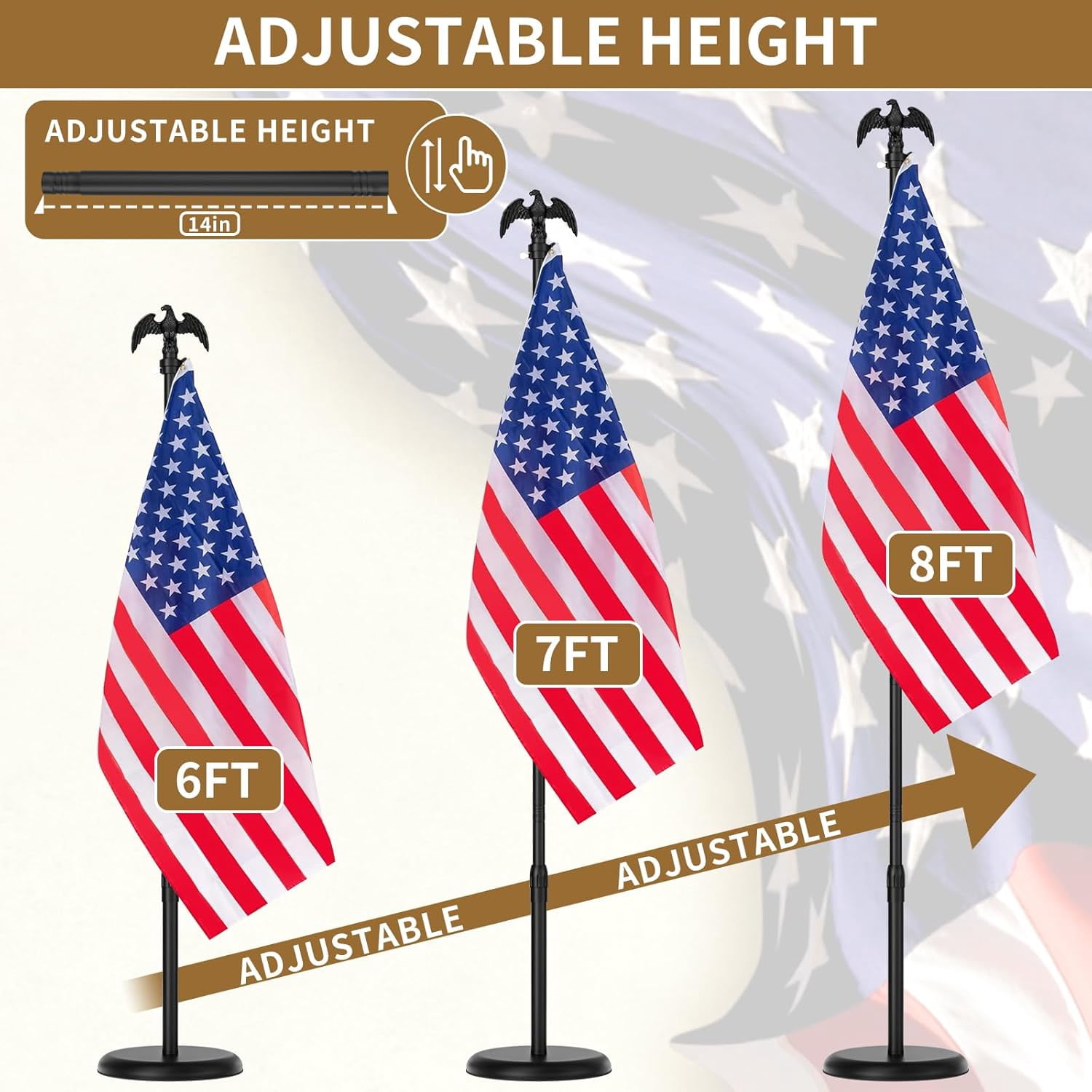 8 FT Indoor Flag Pole and Stand,Heavy Duty Indoor Flag Pole Kit with Weighted & Thickened Base, Eagle Topper,3x5 FT American Flag,Adjustable Presidential Indoor Flagpole for Office School City Hall