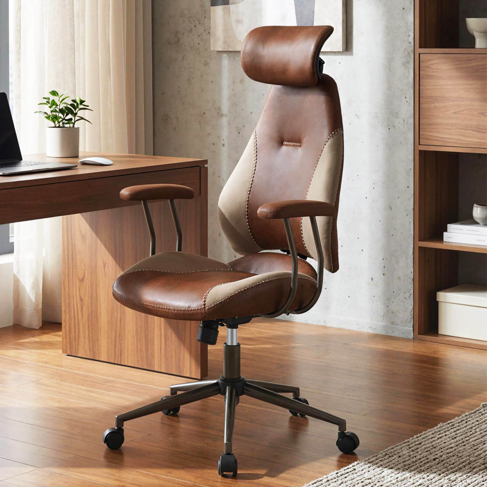 Costway Ergonomic Office Chair with 2D Headrest, Rocking Backrest & Wheels, Gaming Chair Brown & Beige
