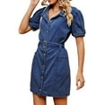 thumbnail image 3 of Women Casual Denim Dress Short Sleeve Tie Waist Classic Jean Shirt Dress Blue XL, 3 of 9