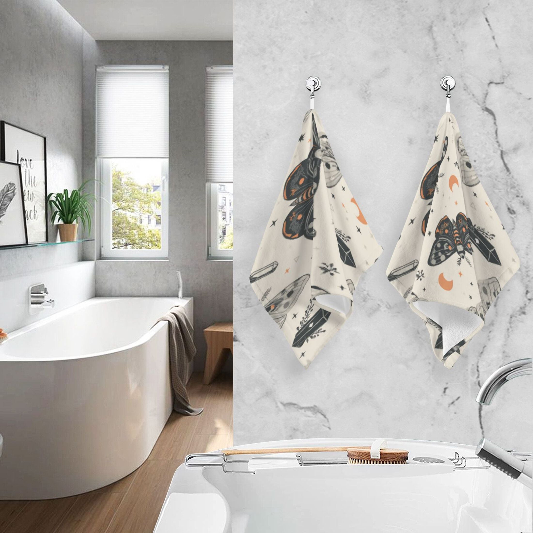 2 Pcs Absorbent Face Towel Bath Hand Towels Soft Breathable Cotton Towel Set for Bathroom Kitchen Hotel Spa Decor Black and White Moths