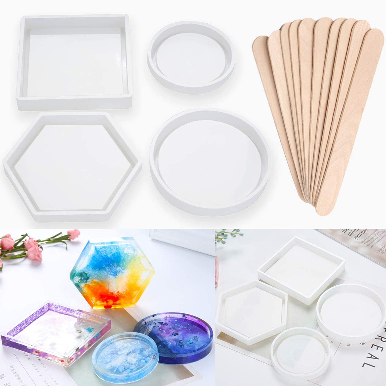 iMeshbean 4 Pack DIY Coaster Silicone Mold Epoxy Resin Coaster Molds