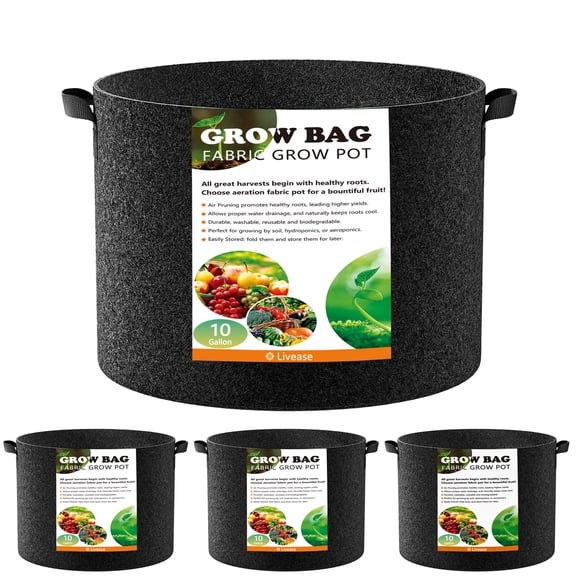 Livease 10 Gallon Grow Bags, Nonwoven Plant Fabric Gardening Pots with Handles,4 Pack Plant Bags