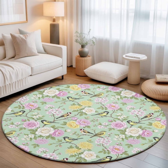 Round Area Rugs 3.3Ft, Sage Green Spring Floral Non-Slip Circle Rugs Carpet, Elegant Farmhouse Flowers Birds Watercolor Indoor Outdoor Rug Floor Mats Throw Runner for Bedroom Living Room Bathroom