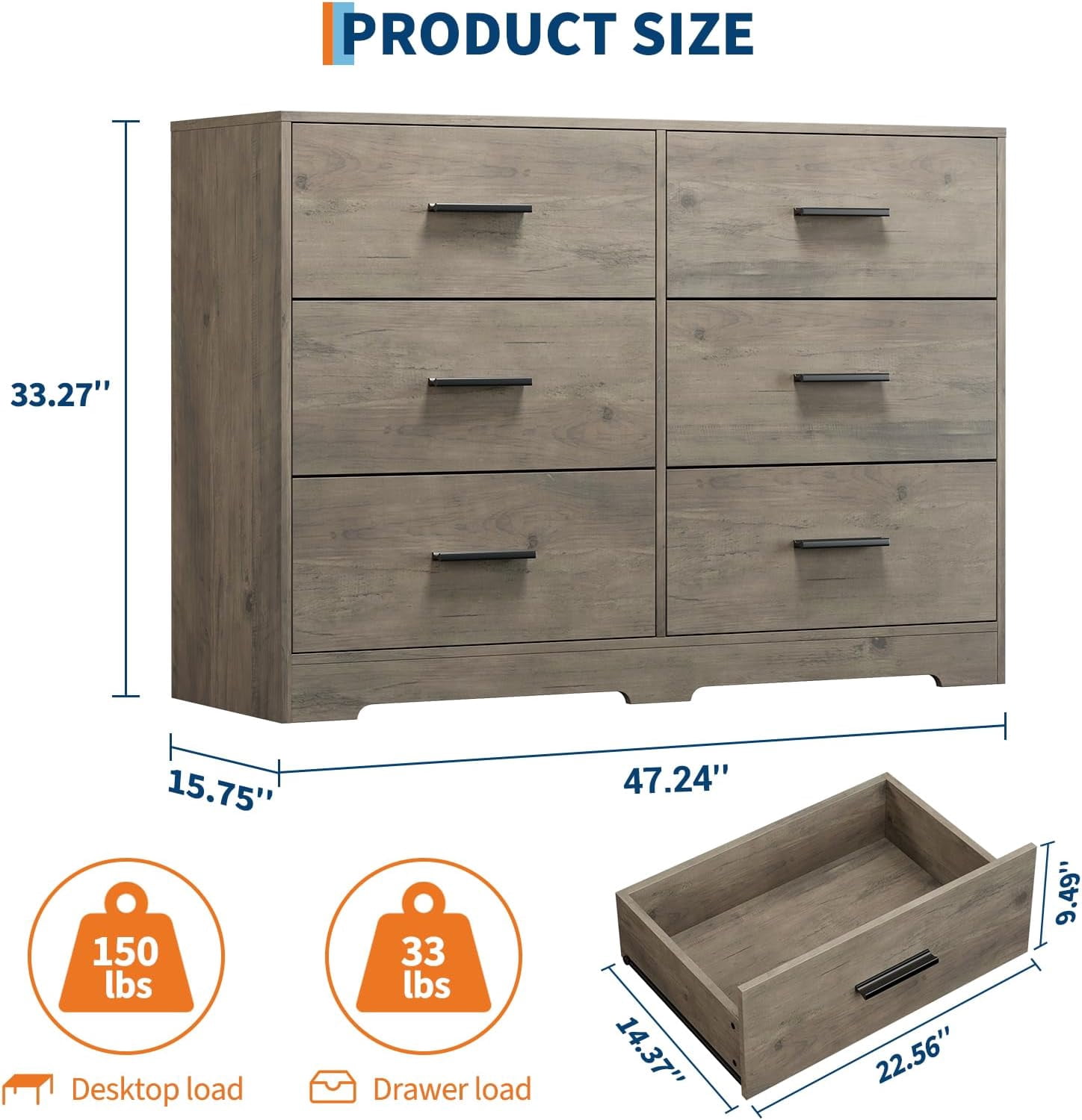 Garvee 6 Drawers Dresser, Modern Closet Dressers Chest of Drawers with Metal Handle, Wooden Dresser Organizer for Bedroom, Living Room, Hallway, Gray